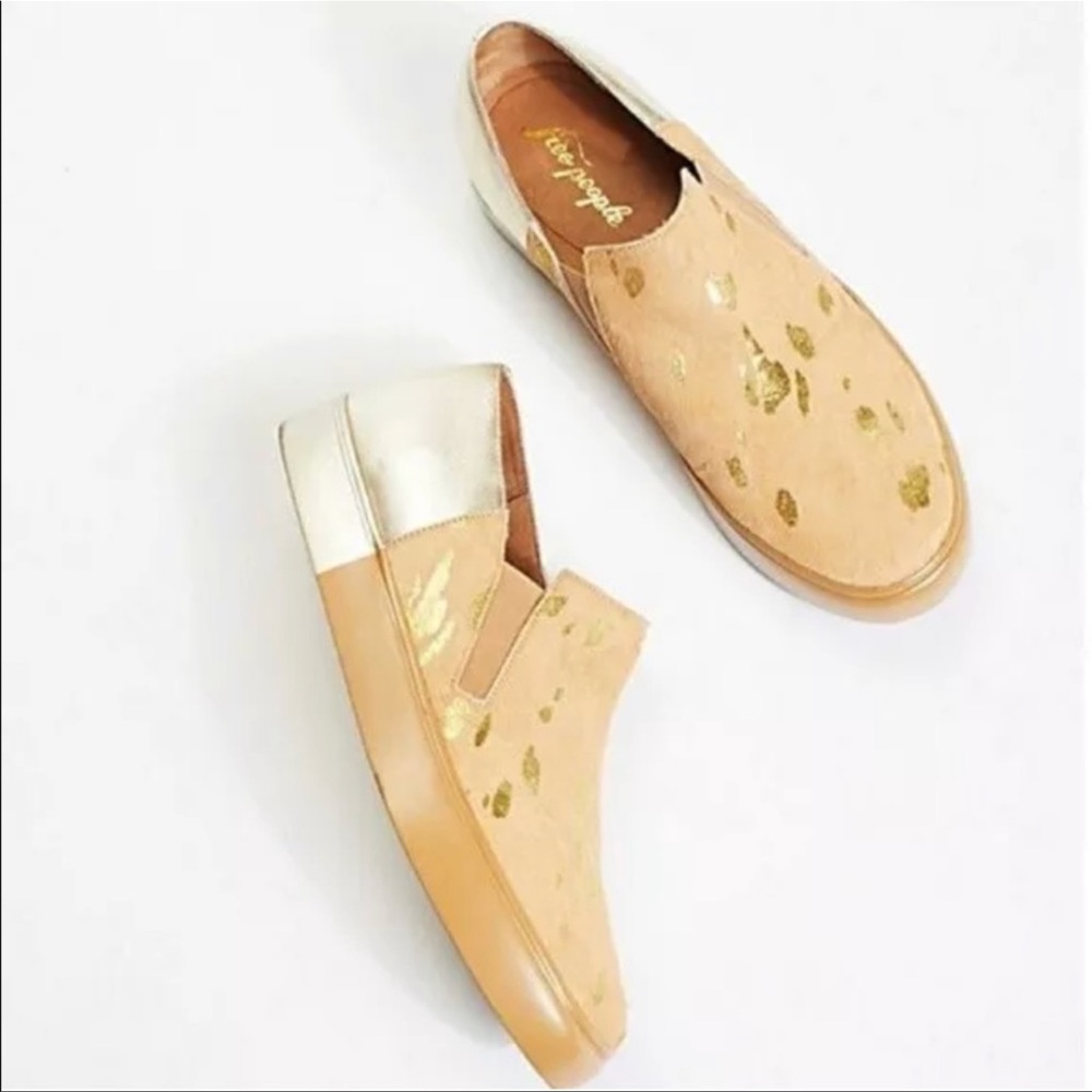 Free People Varsity Gold Calfhair Slip On Sneakers